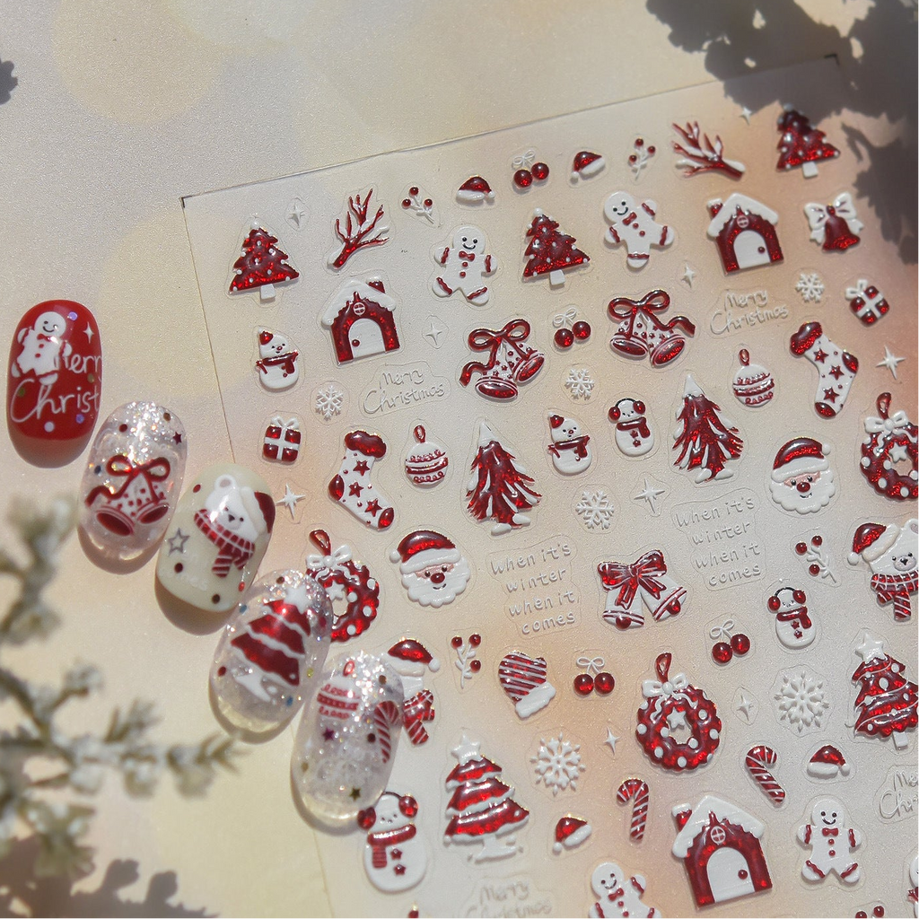 Red Blue Glitter Christmas Nail Stickers - Winter Snowman Snowflakes Decals 6147