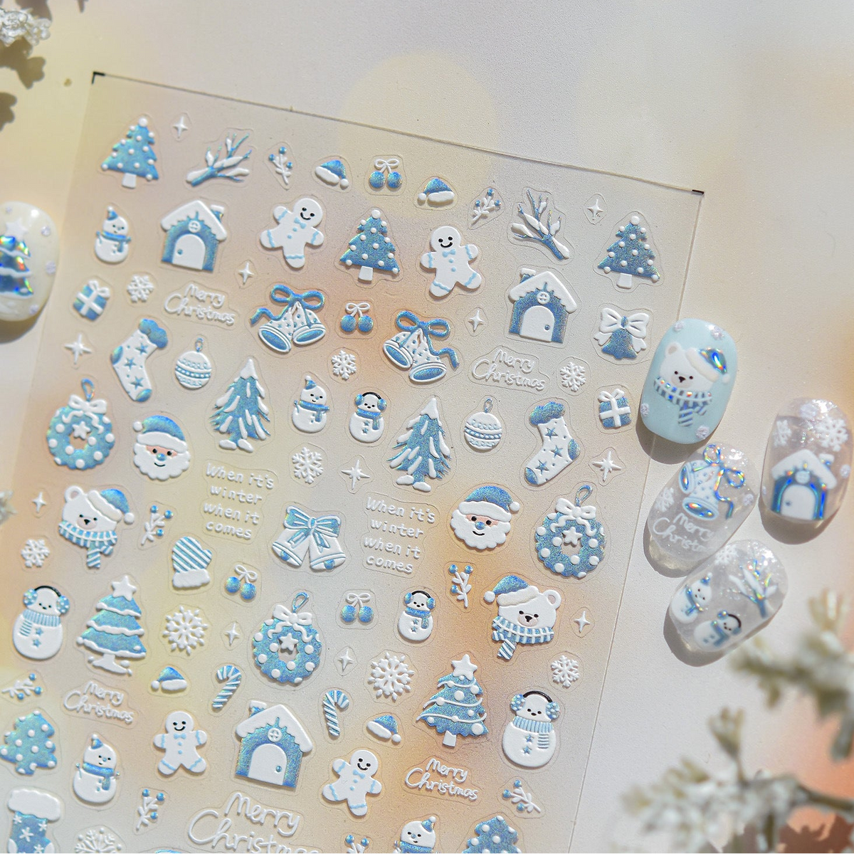Red Blue Glitter Christmas Nail Stickers - Winter Snowman Snowflakes Decals 6147