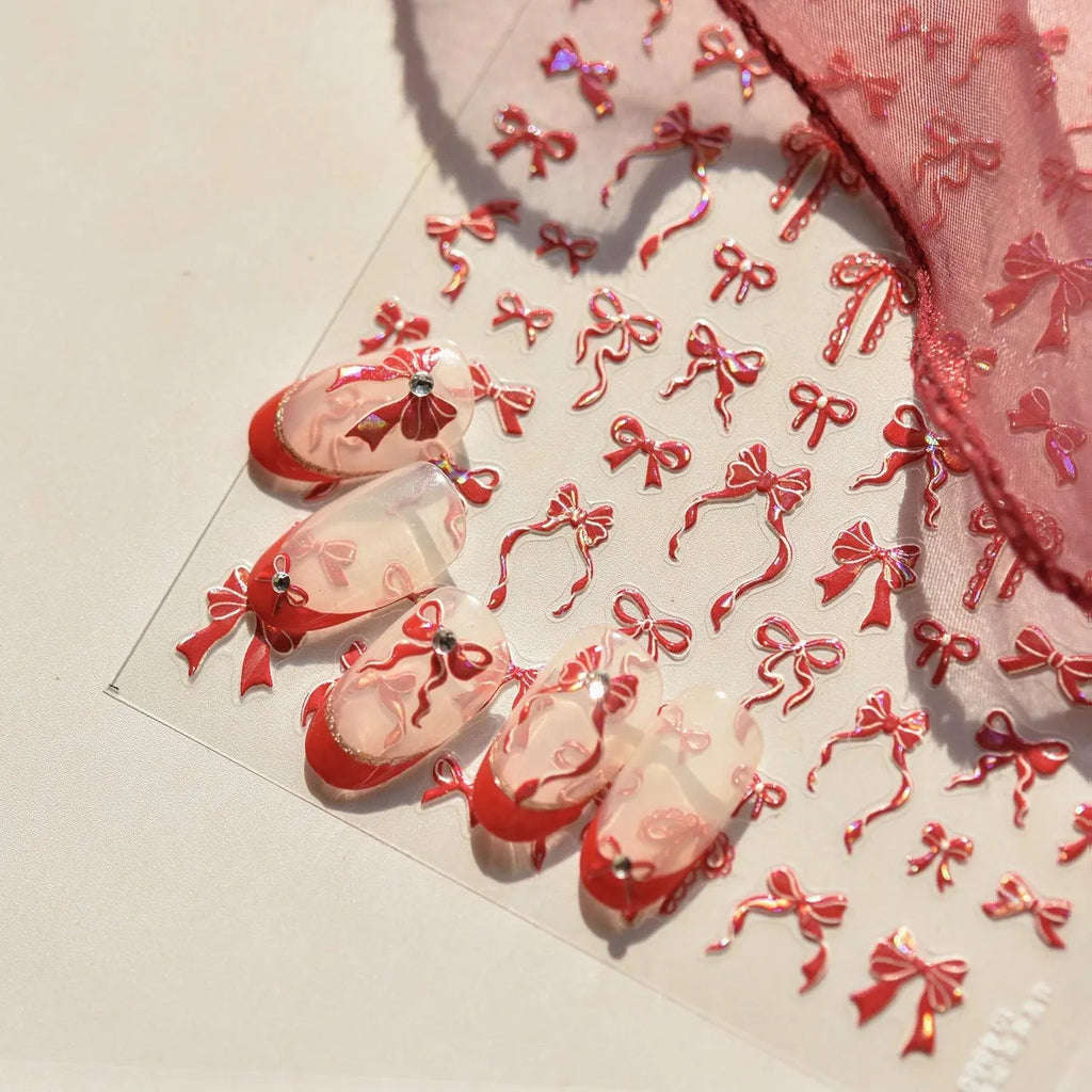 Red Bow Nail Art Stickers Adhesive Embossed White Black Bow Tie Sticker Decals