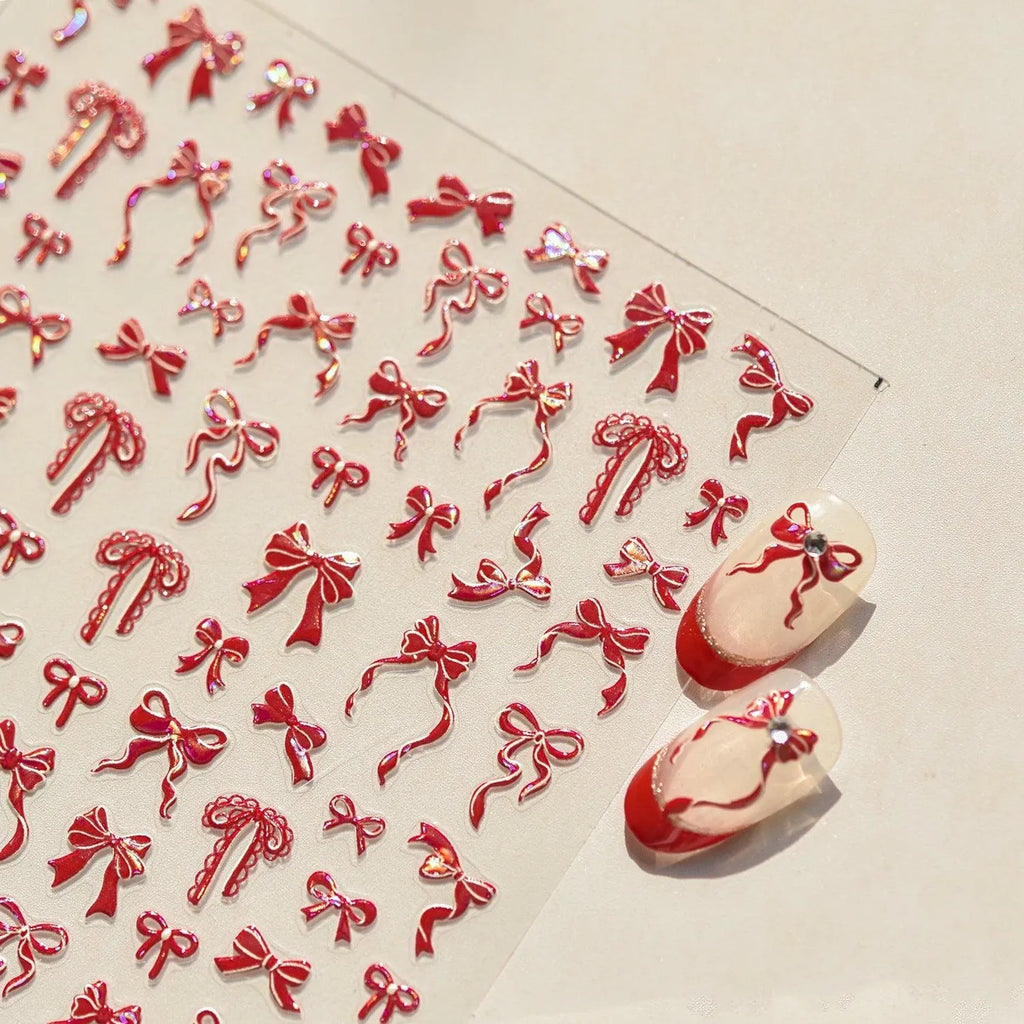 Red Bow Nail Art Stickers Adhesive Embossed White Black Bow Tie Sticker Decals
