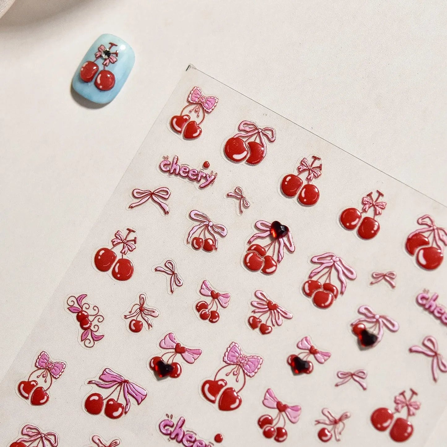 Red Bow Nail Art Stickers Sweet Cherry Adhesive Embossed Sticker Decals 