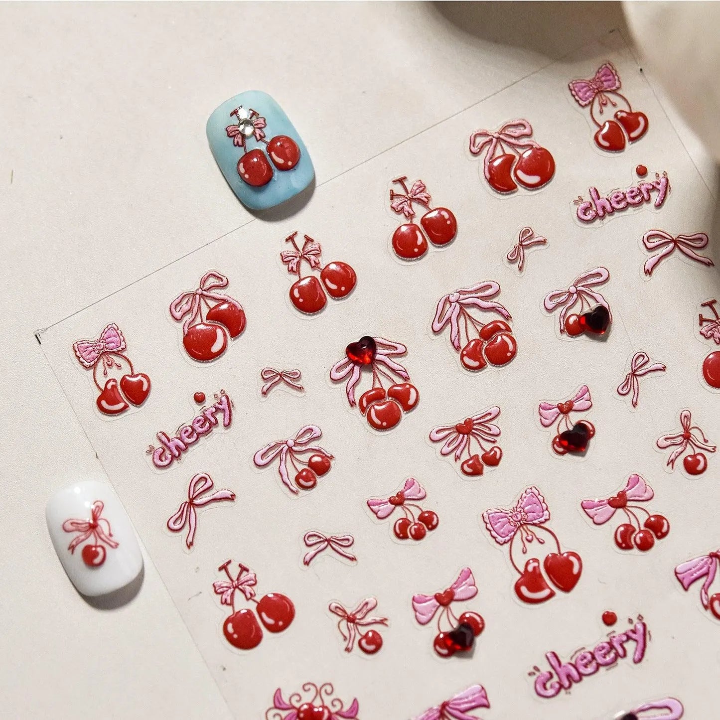 Red Bow Nail Art Stickers Sweet Cherry Adhesive Embossed Sticker Decals 
