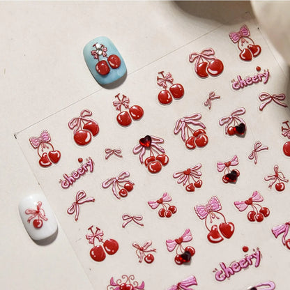 Red Bow Nail Art Stickers Sweet Cherry Adhesive Embossed Sticker Decals 