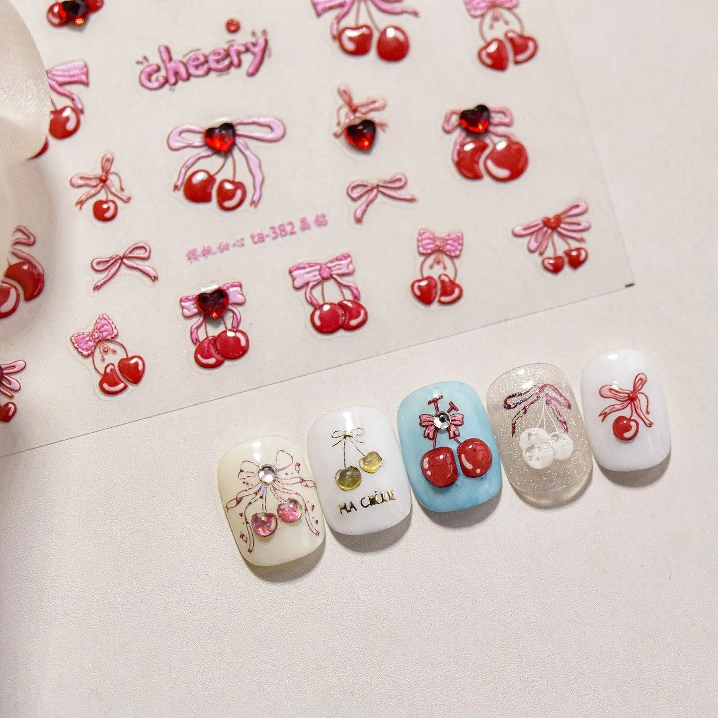 Red Bow Nail Art Stickers Sweet Cherry Adhesive Embossed Sticker Decals 