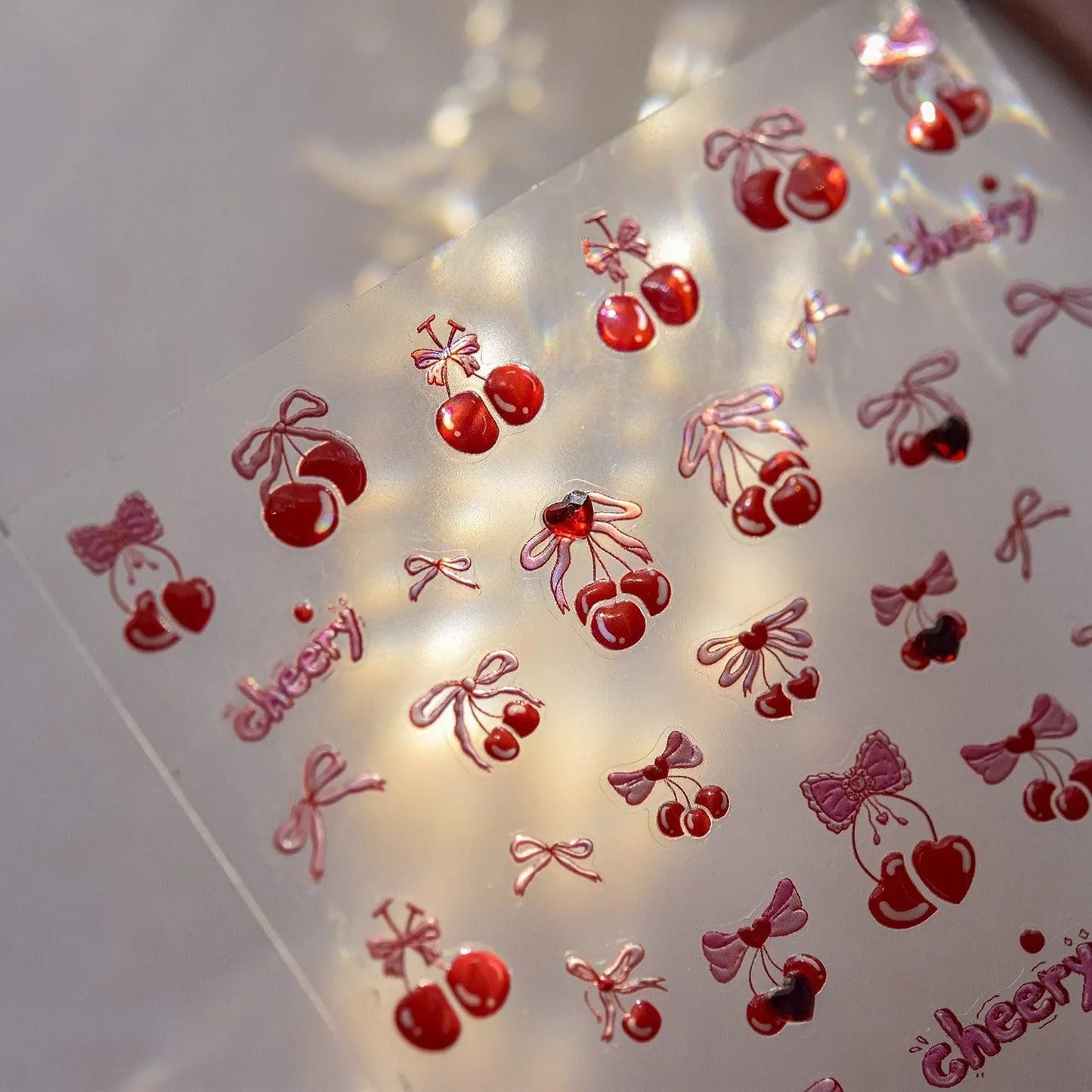 Red Bow Nail Art Stickers Sweet Cherry Adhesive Embossed Sticker Decals 