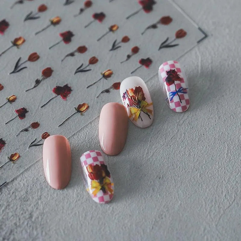 Red Flower Nail Art Stickers Fade Flower 3D Adhesive Sticker Decals TS779