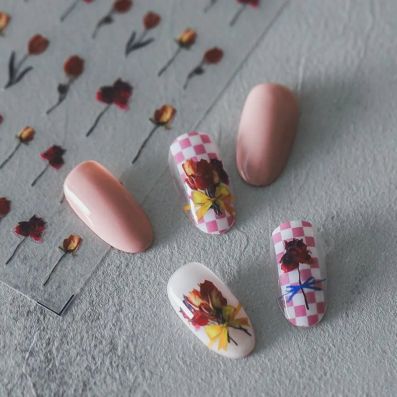 Red Flower Nail Art Stickers Fade Flower 3D Adhesive Sticker Decals TS779