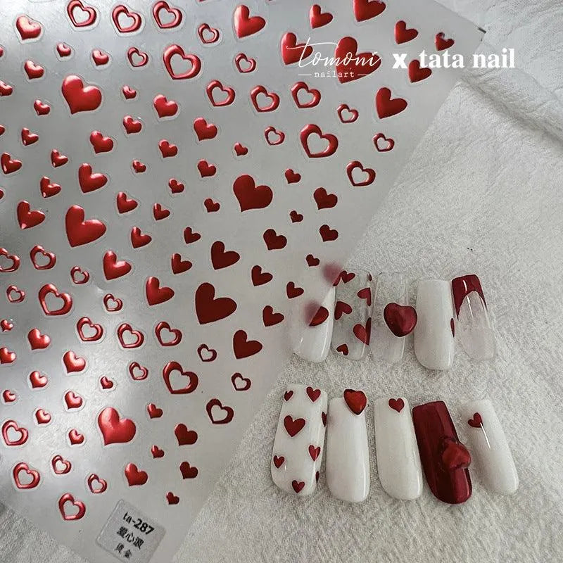 Red Heart Nail Art Stickers Metal Effect Love Hearts Adhesive Embossed Sticker Decals 