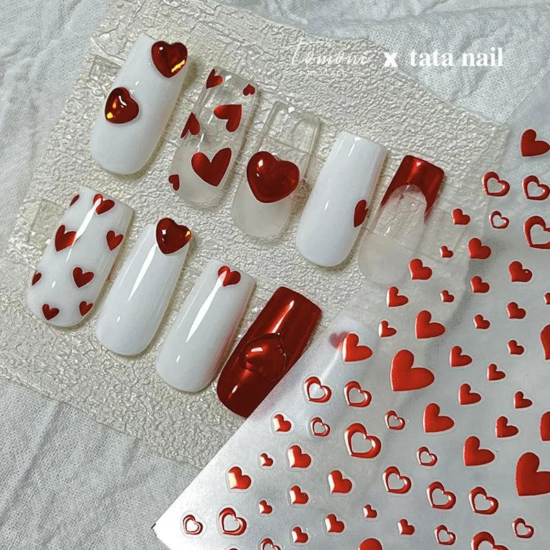 Red Heart Nail Art Stickers Metal Effect Love Hearts Adhesive Embossed Sticker Decals 