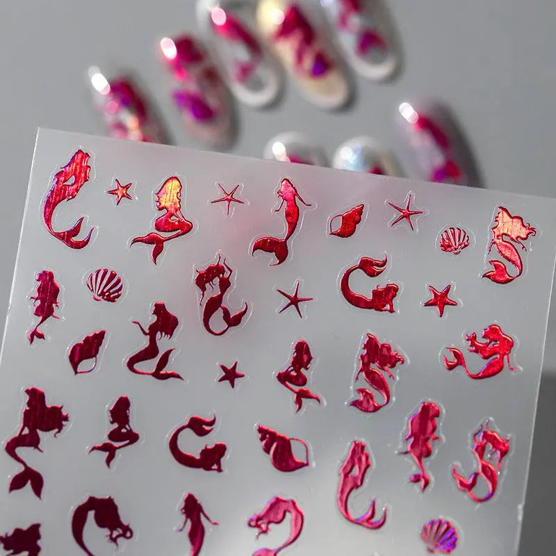 Red Mermaid Nail Art Stickers Adhesive Metal Sticker Decals M179