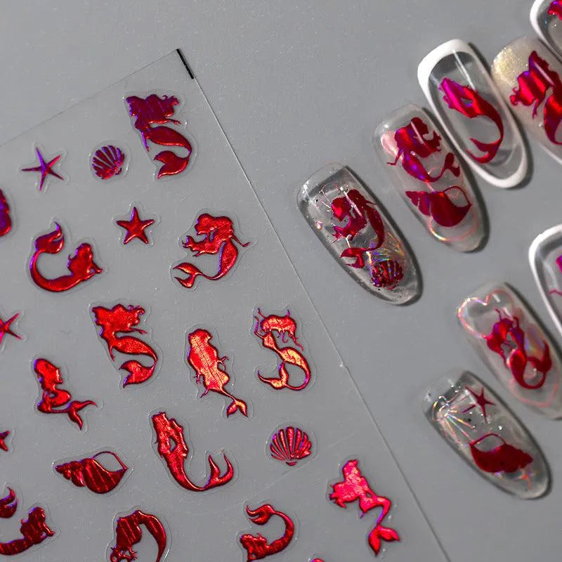 Red Mermaid Nail Art Stickers Adhesive Metal Sticker Decals M179