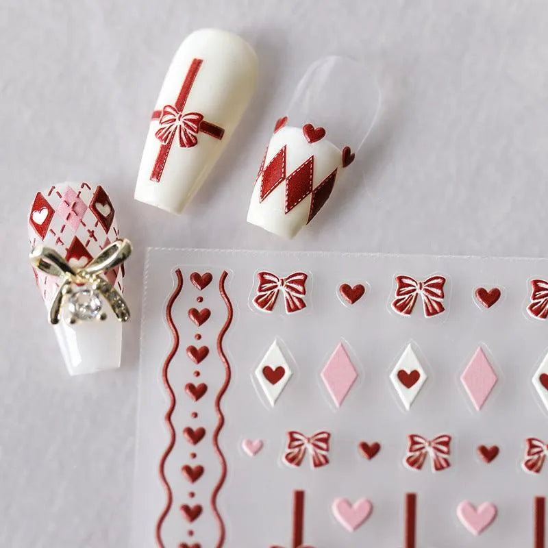 Red Nail Art Stickers Adhesive Embossed Vintage Grid Sticker Decals 