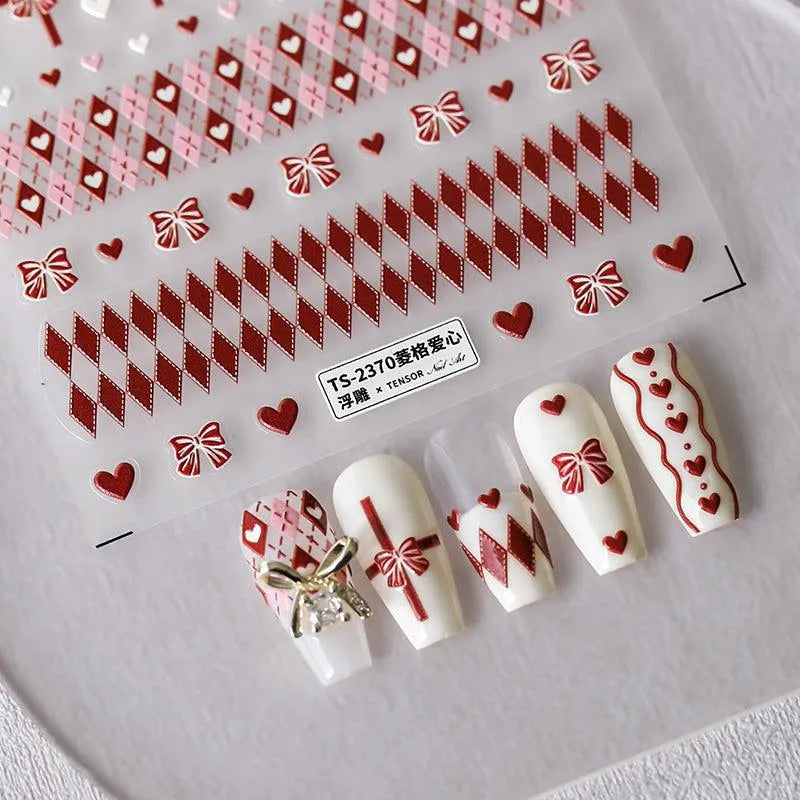 Red Nail Art Stickers Adhesive Embossed Vintage Grid Sticker Decals 