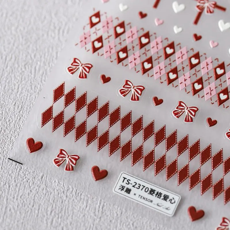 Red Nail Art Stickers Adhesive Embossed Vintage Grid Sticker Decals 
