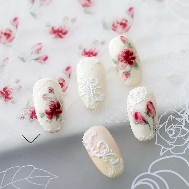 Red Nail Art Stickers Adhesive Slider Flowers Sticker Decals 