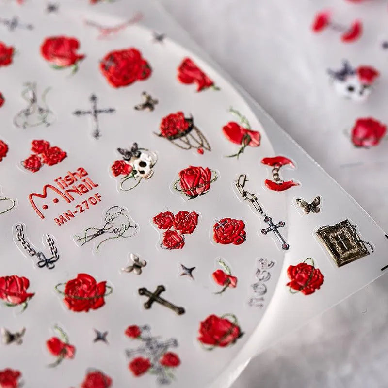 Red Rose Nail Art Stickers Adhesive Slider Skull Embossed Sticker Decals MN271