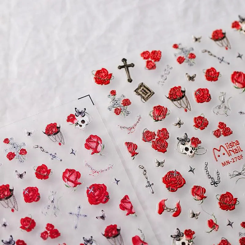 Red Rose Nail Art Stickers Adhesive Slider Skull Embossed Sticker Decals MN271