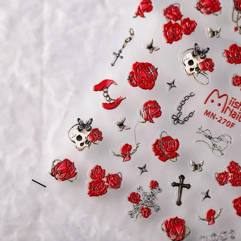 Red Rose Nail Art Stickers Adhesive Slider Skull Embossed Sticker Decals MN271