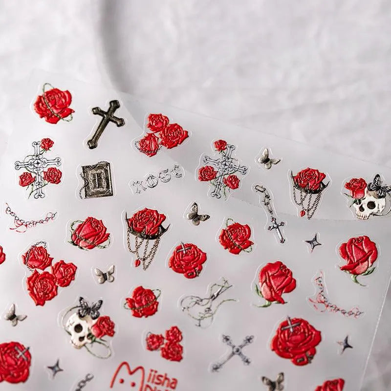 Red Rose Nail Art Stickers Adhesive Slider Skull Embossed Sticker Decals MN271
