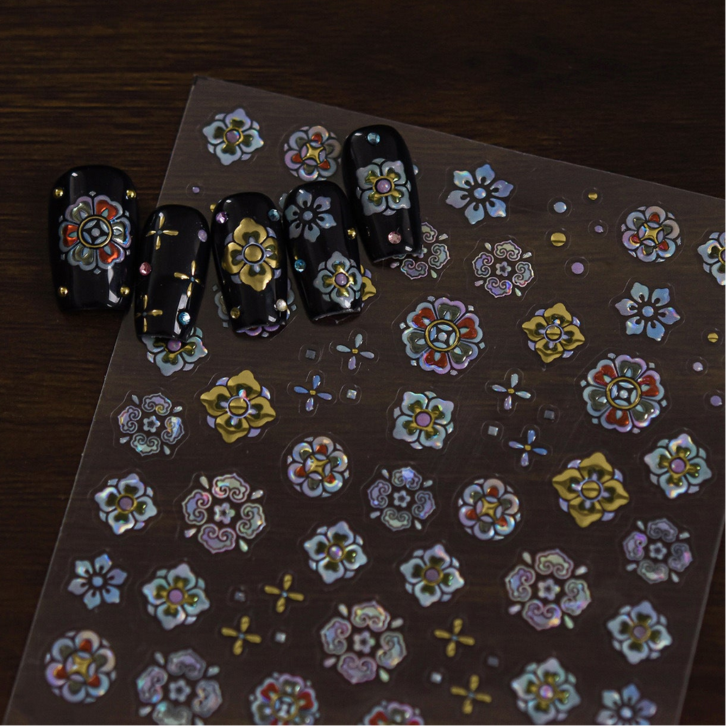 Retro Mother-of-Pearl Nail Stickers - Holo Floral Decals 6181