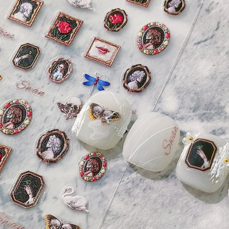Retro Oil Painting Nail Art Stickers Adhesive Embossed Vintage Portrait Sticker Decals 