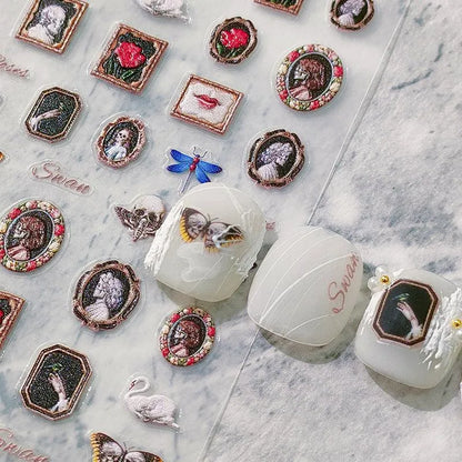 Retro Oil Painting Nail Art Stickers Adhesive Embossed Vintage Portrait Sticker Decals 