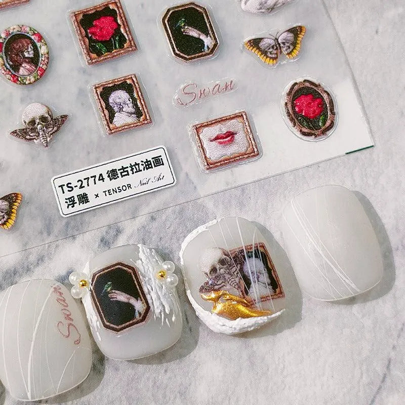 Retro Oil Painting Nail Art Stickers Adhesive Embossed Vintage Portrait Sticker Decals 