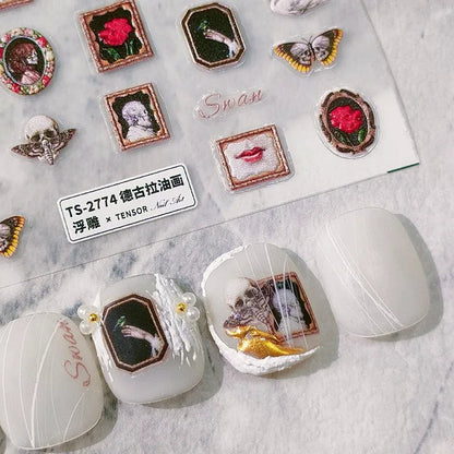 Retro Oil Painting Nail Art Stickers Adhesive Embossed Vintage Portrait Sticker Decals 