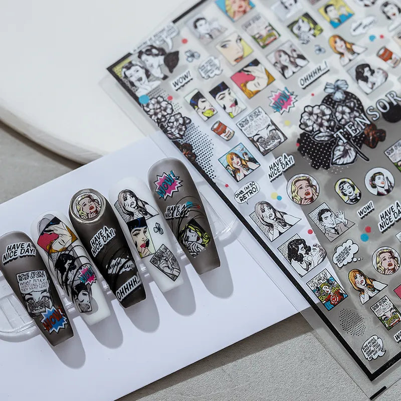 Retro Pop Girl Nail Art Stickers Vintage Street Graffiti Adhesive Sticker Decals 