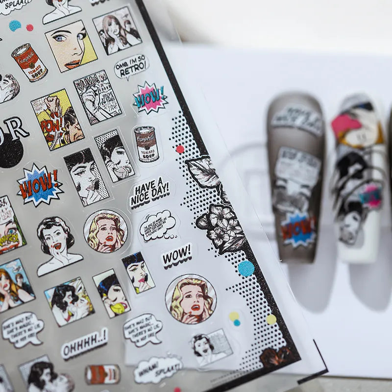 Retro Pop Girl Nail Art Stickers Vintage Street Graffiti Adhesive Sticker Decals 