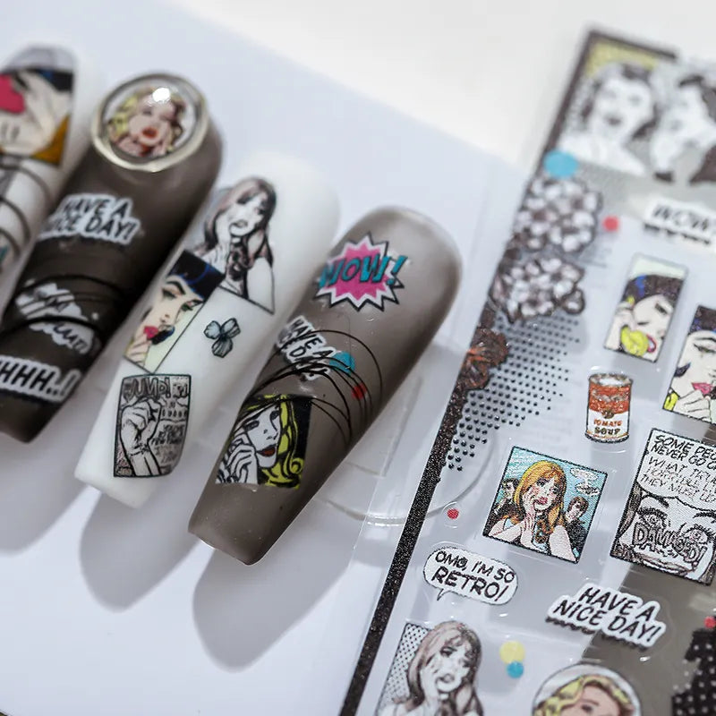 Retro Pop Girl Nail Art Stickers Vintage Street Graffiti Adhesive Sticker Decals 