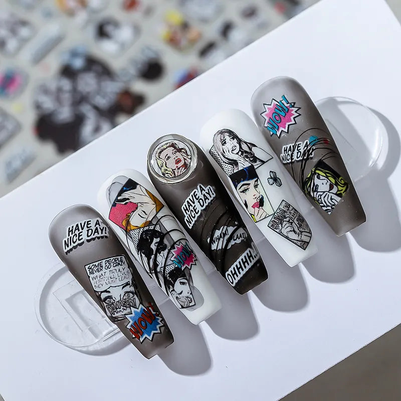 Retro Pop Girl Nail Art Stickers Vintage Street Graffiti Adhesive Sticker Decals 