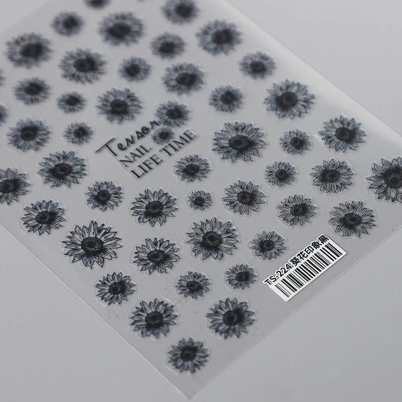 Retro Sunflower Nail Art Stickers Black White Sunflowers Adhesive Sticker Decals 