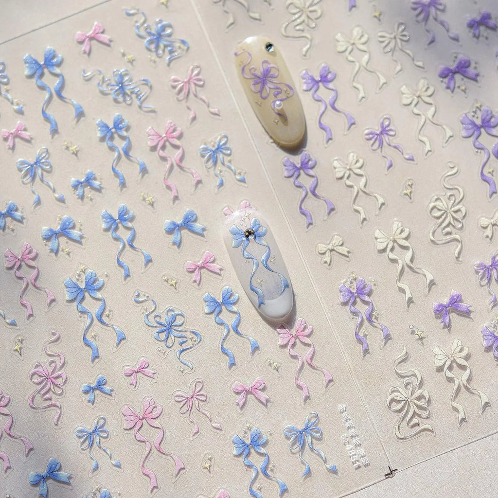 Ribbon Bow Nail Art Stickers Adhesive Embossed Pink Purple Bow Sticker Decals 