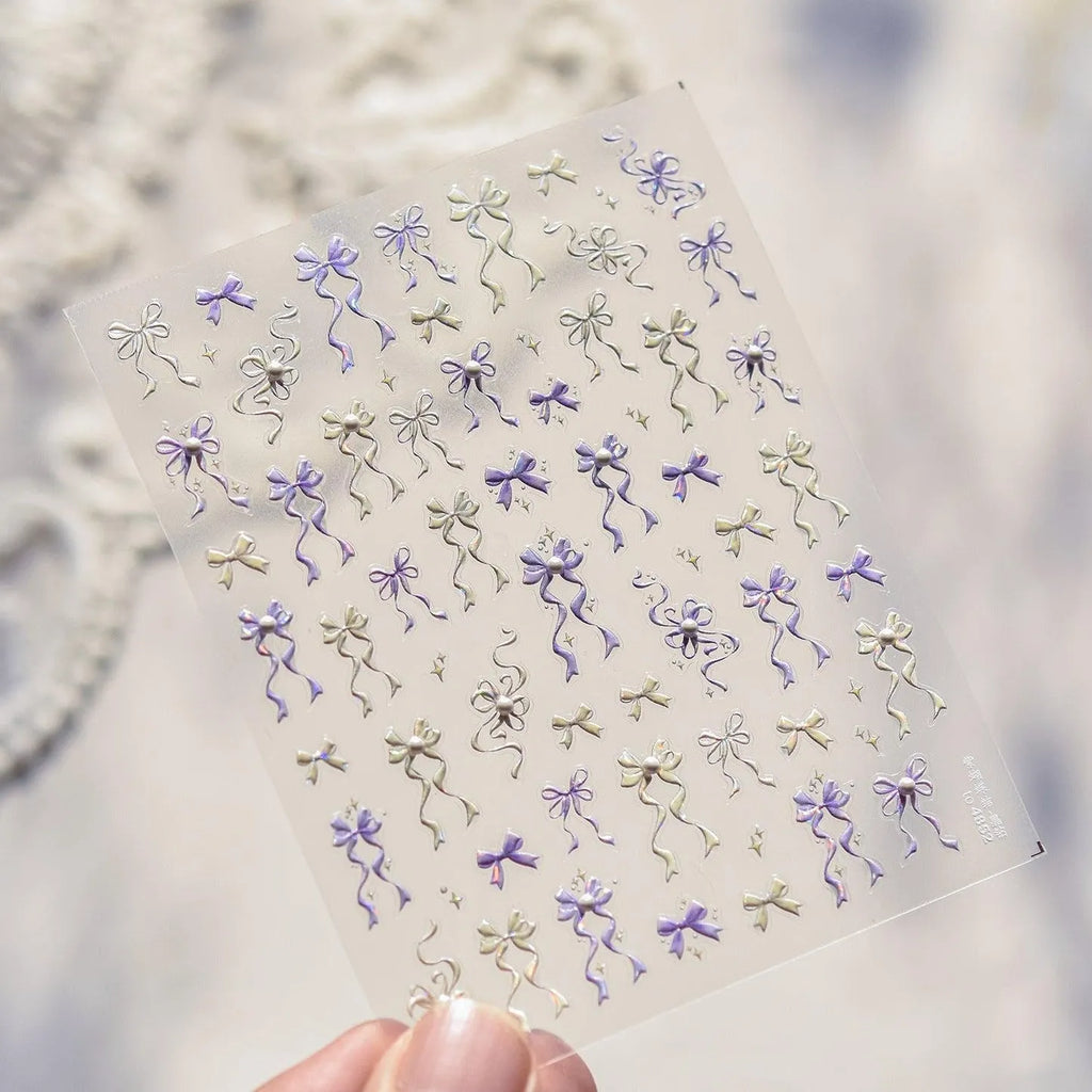 Ribbon Bow Nail Art Stickers Adhesive Embossed Pink Purple Bow Sticker Decals 