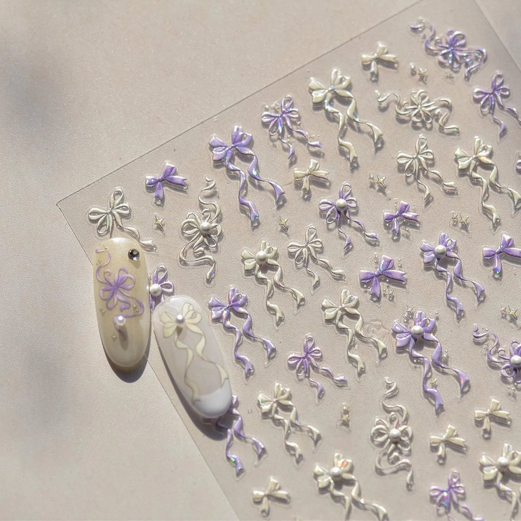 Ribbon Bow Nail Art Stickers Adhesive Embossed Pink Purple Bow Sticker Decals 