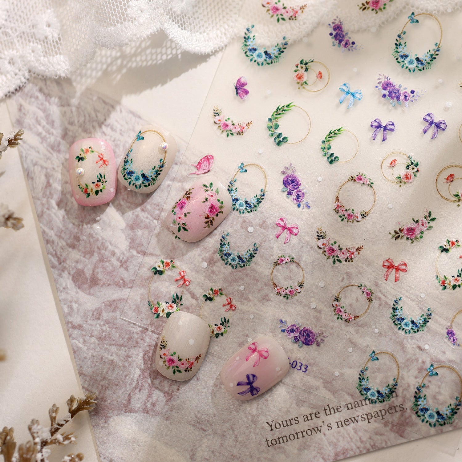 Romantic Floral Wreath & Bow Nail Art Stickers TK033