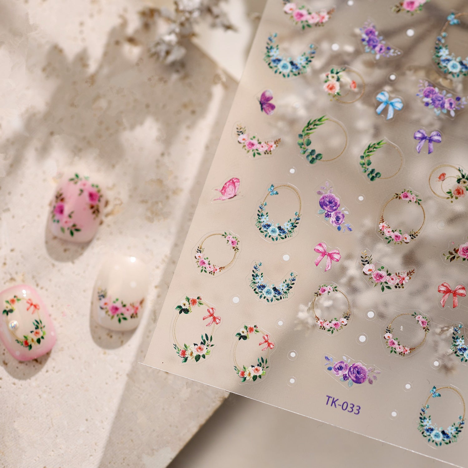 Romantic Floral Wreath & Bow Nail Art Stickers TK033
