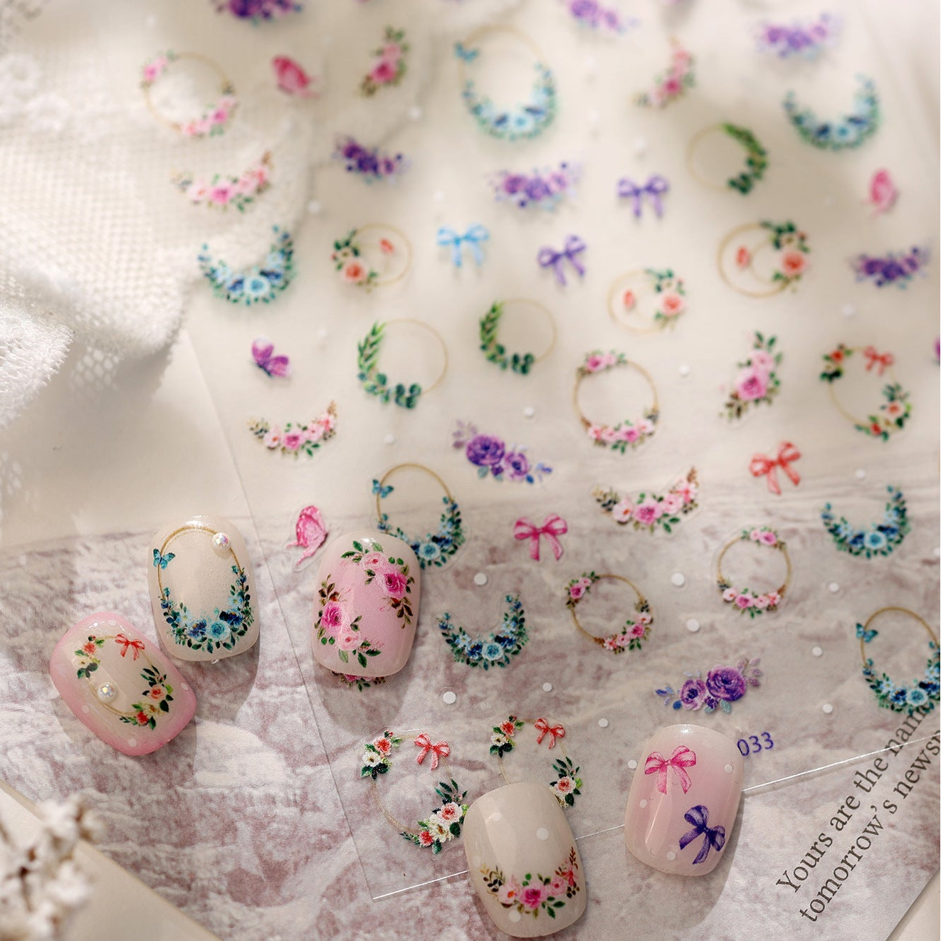 Romantic Floral Wreath & Bow Nail Art Stickers TK033