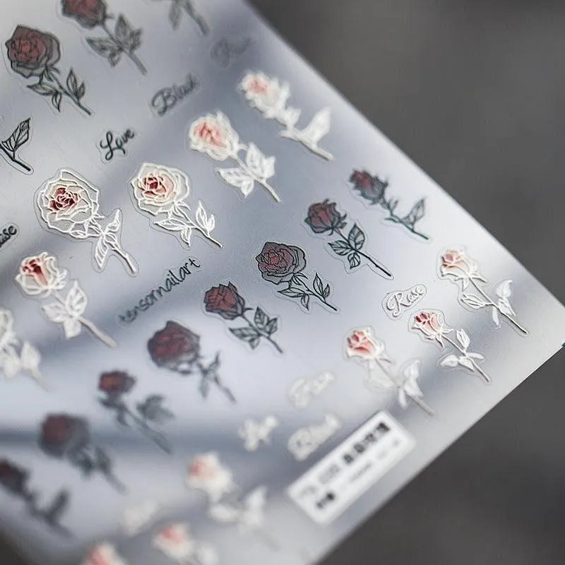 Rose Flower Nail Art Stickers Adhesive Embossed Rose Sticker Decals TS335