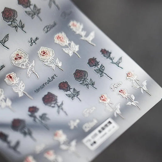 Rose Flower Nail Art Stickers Adhesive Embossed Rose Sticker Decals TS335