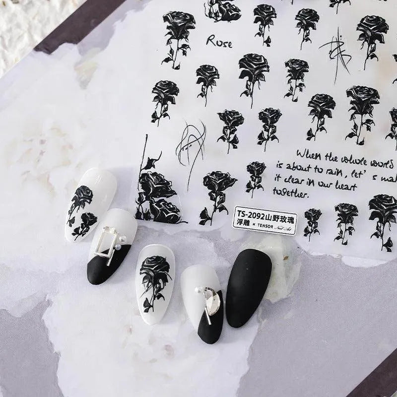 Rose Flower Nail Art Stickers Adhesive Slider Black Rose Sticker Decals TS2091