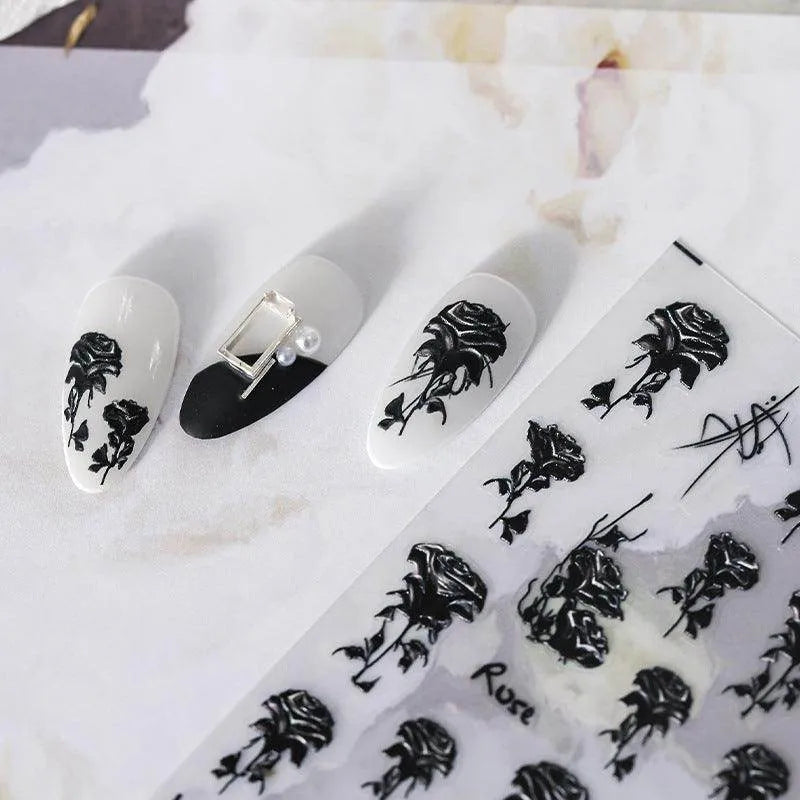 Rose Flower Nail Art Stickers Adhesive Slider Black Rose Sticker Decals TS2091