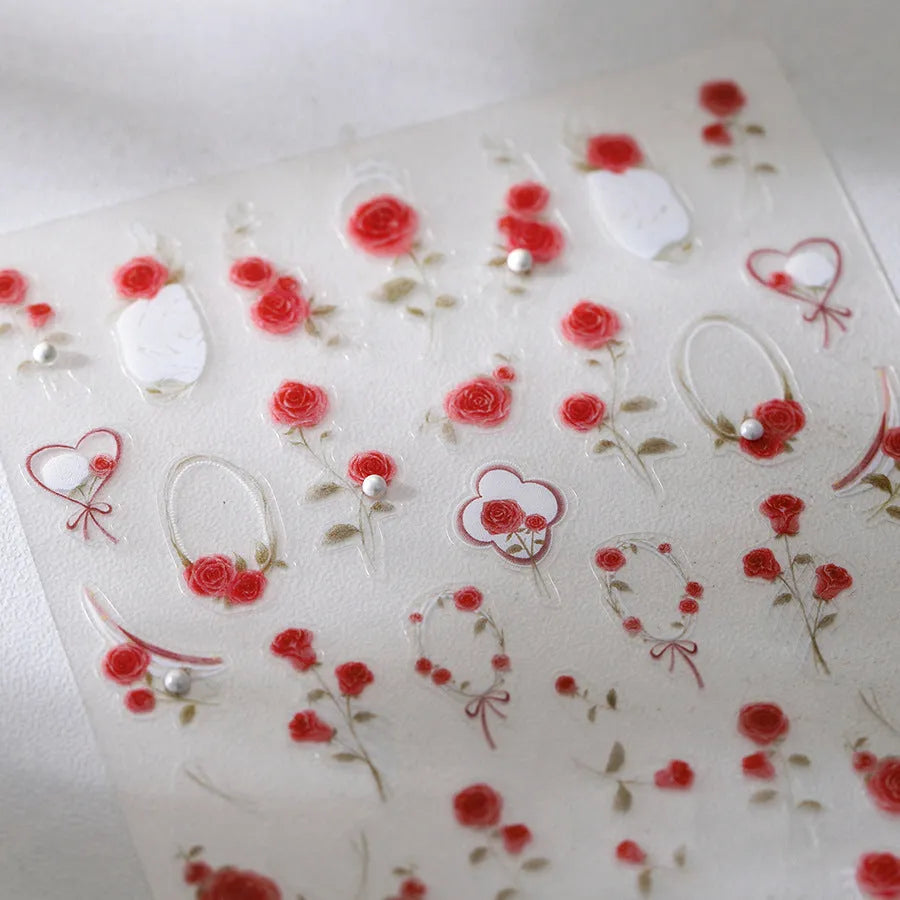 Rose Flower Nail Art Stickers Floral Leaf Adhesive Embossed Sticker Decals 