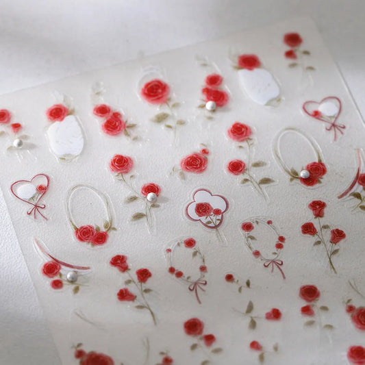 Rose Flower Nail Art Stickers Floral Leaf Adhesive Embossed Sticker Decals 