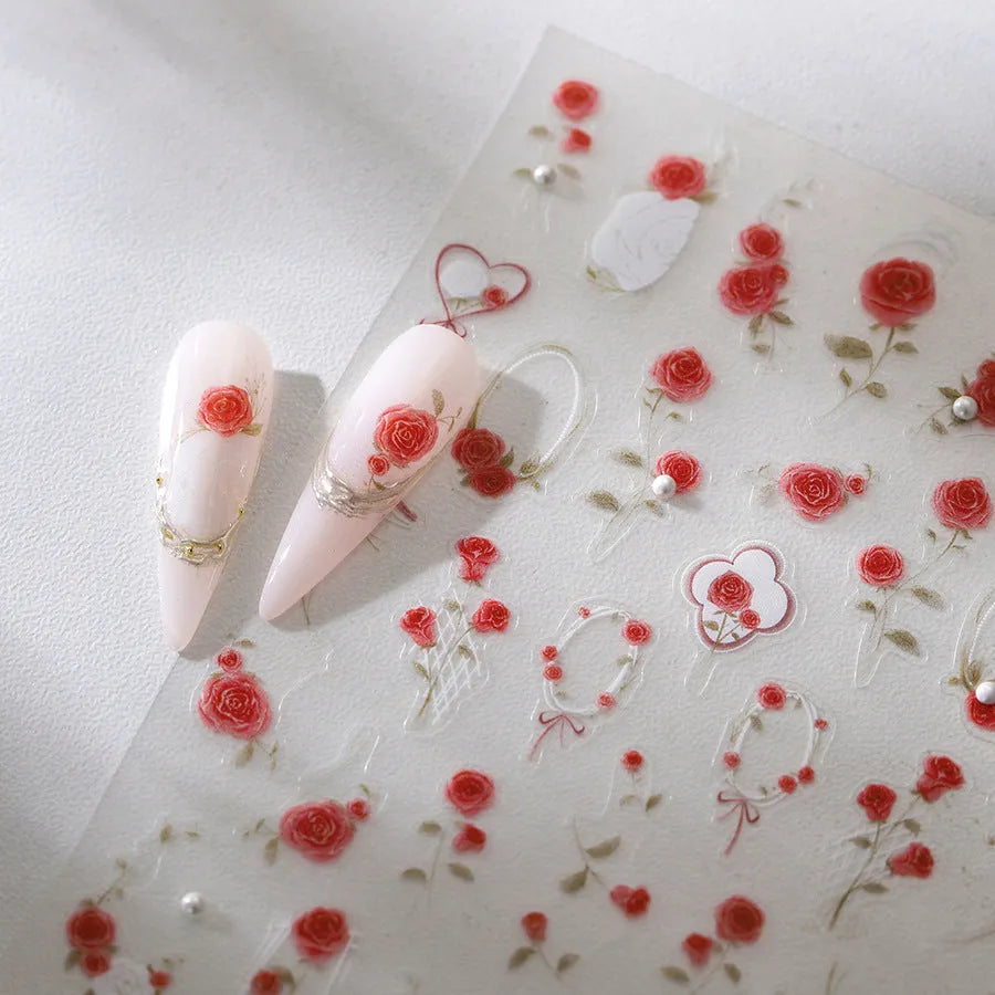 Rose Flower Nail Art Stickers Floral Leaf Adhesive Embossed Sticker Decals 