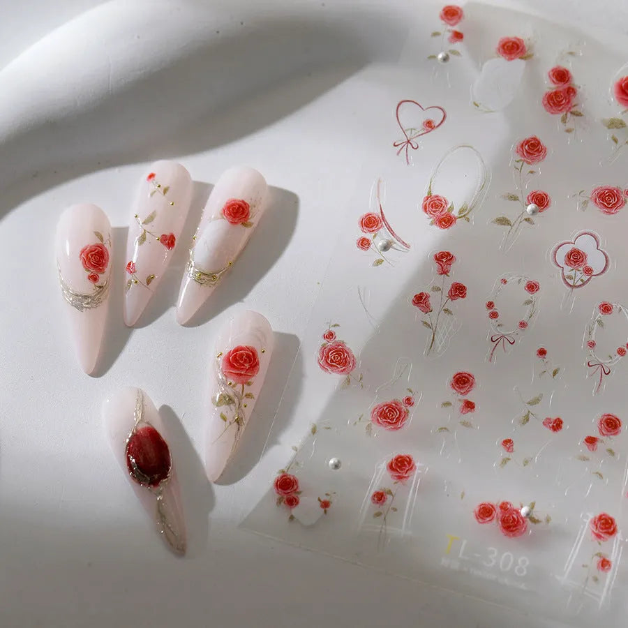 Rose Flower Nail Art Stickers Floral Leaf Adhesive Embossed Sticker Decals 