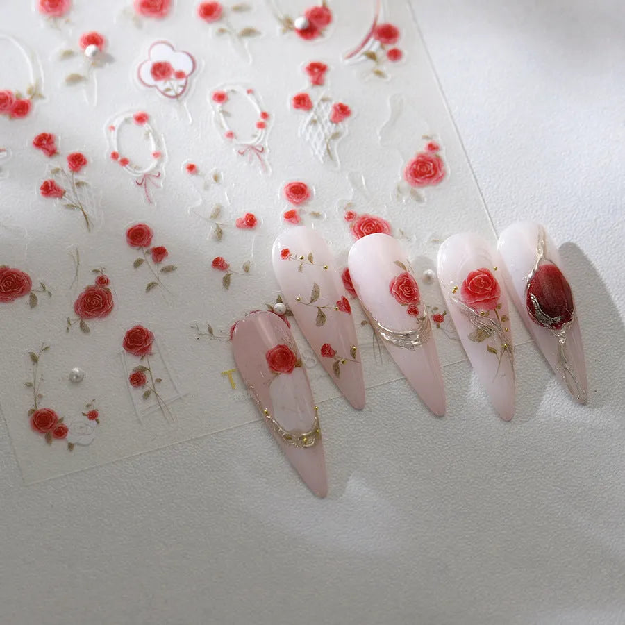 Rose Flower Nail Art Stickers Floral Leaf Adhesive Embossed Sticker Decals 