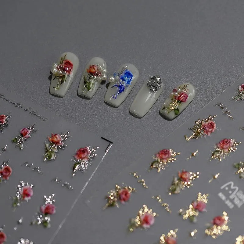 Rose Nail Art Stickers Metal Style Rose Flower Adhesive Embossed Sticker Decals MN303