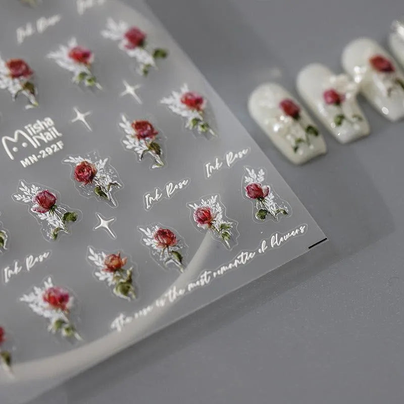 Rose Nail Art Stickers Metal Style Rose Flower Adhesive Embossed Sticker Decals MN303